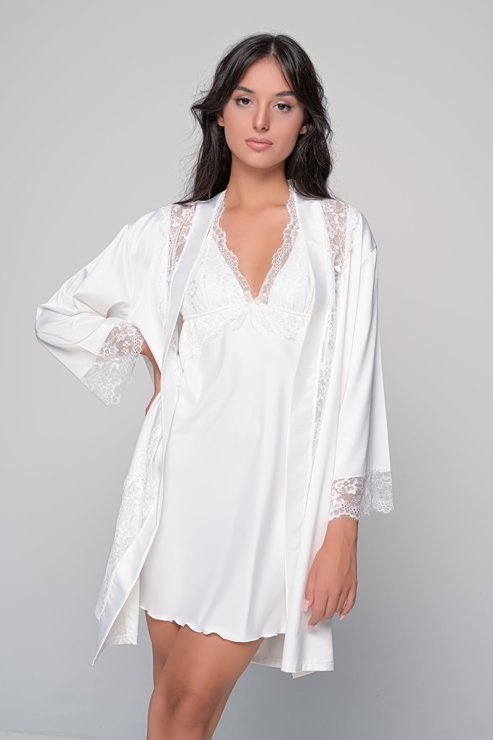 MilenaByParis - Νυφικό Σατέν Σετ Νυχτικό και Ρόμπα