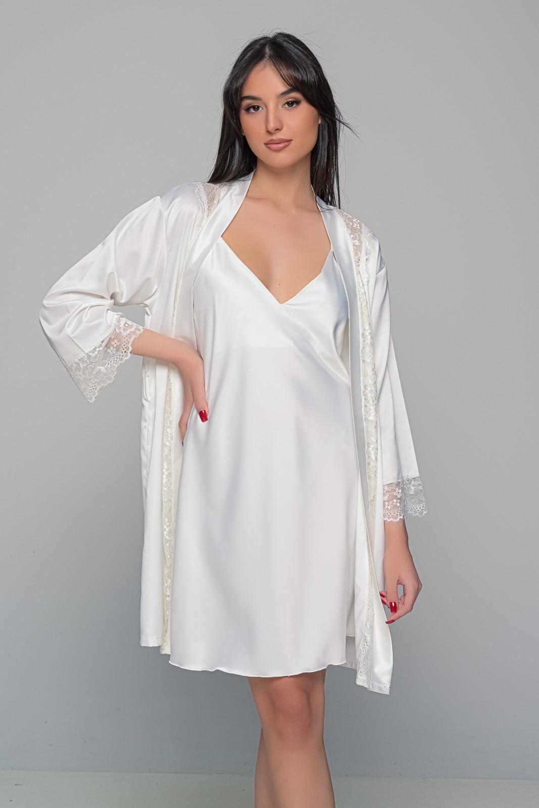 MilenaByParis - Νυφικό Σετ με Σατέν Ρόμπα και Νυχτικό