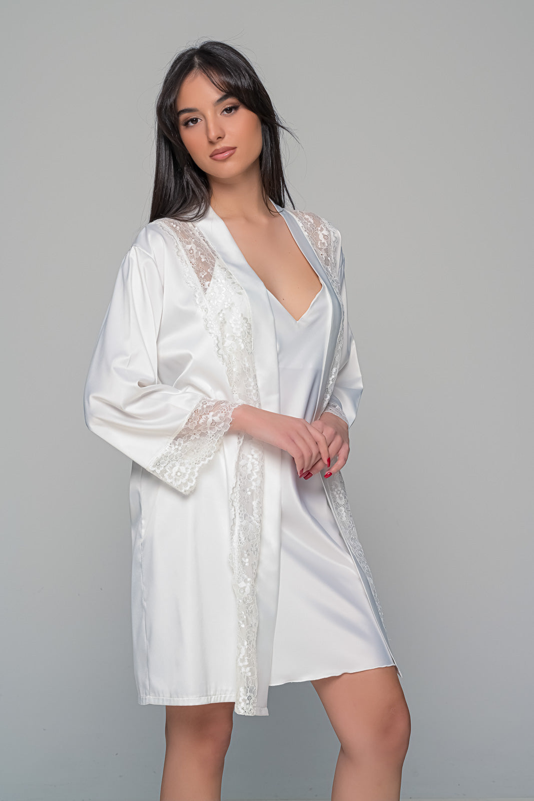 MilenaByParis - Νυφικό Σετ με Σατέν Ρόμπα και Νυχτικό