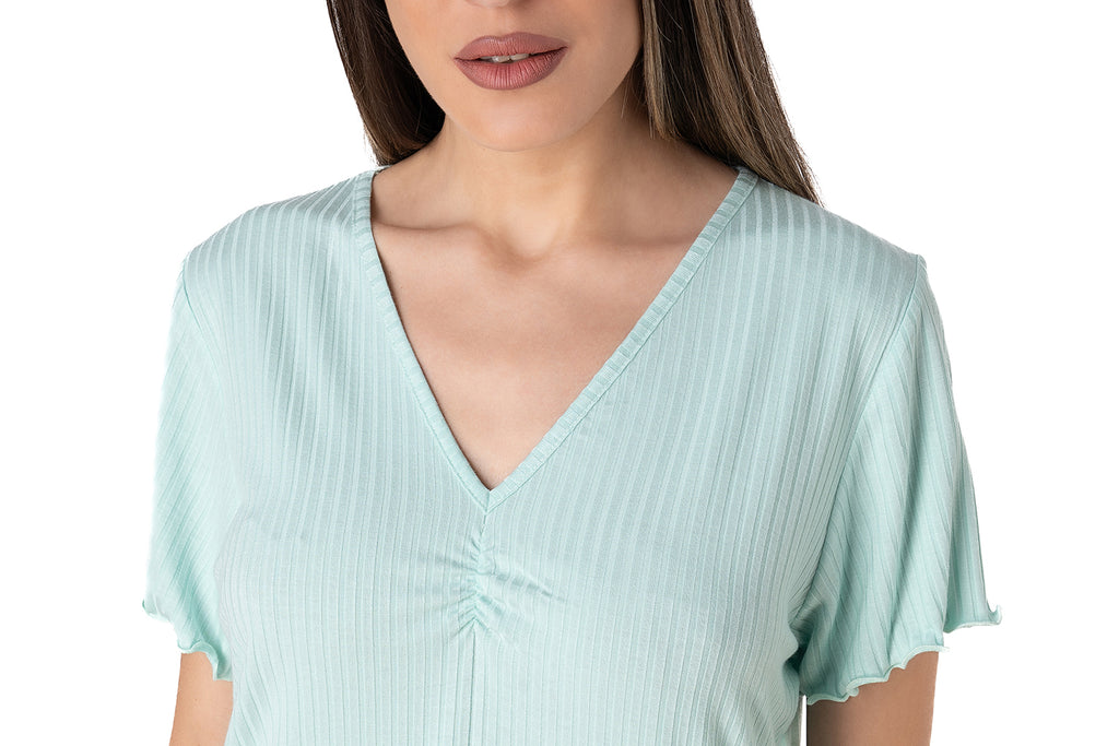 Relax - Μονόχρωμο Rib Σετ με V-Neck & Ruffle Λεπτομέρειες