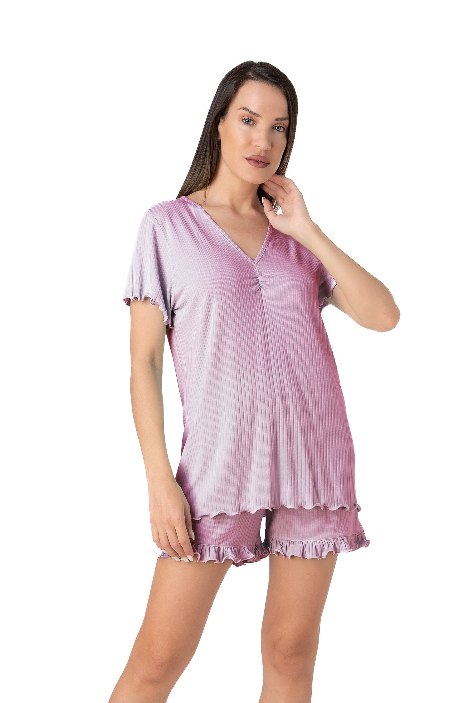 Relax - Γυναικεία Πιτζάμα Μονόχρωμη Rib με V-Neck & Ruffle Λεπτομέρειες