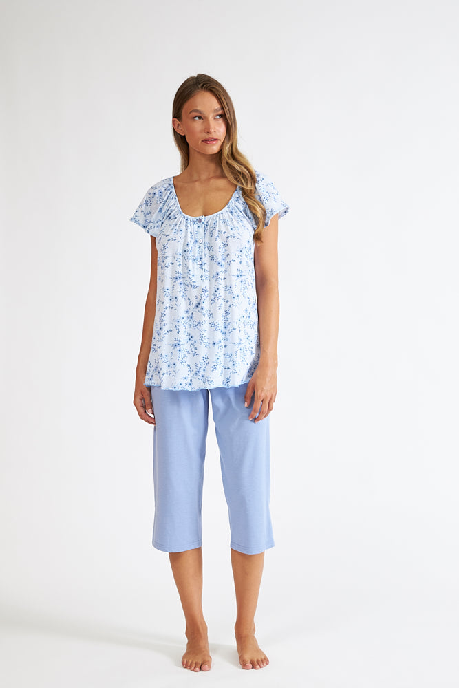 Harmony - Πιτζάμα Γυναικεία Με Ζαπονέ Μανίκι Κουμπιά Και Κάπρι Παντελόνι Εμπριμέ Cotton Modal