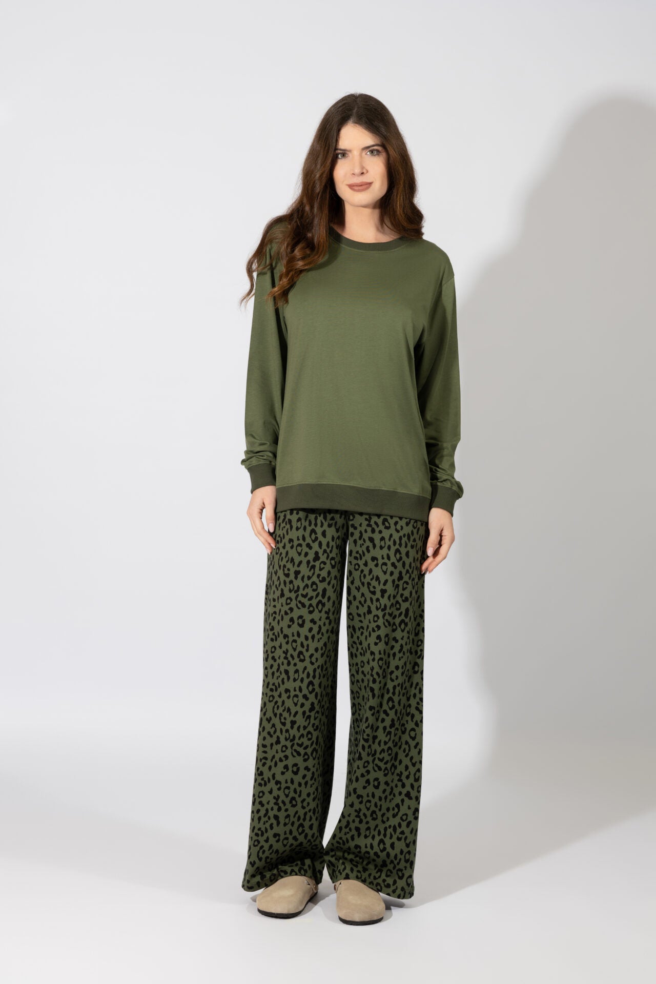 Harmony - Γυναικεία Πιτζάμα Leopard Παντελόνι Cotton  Olive