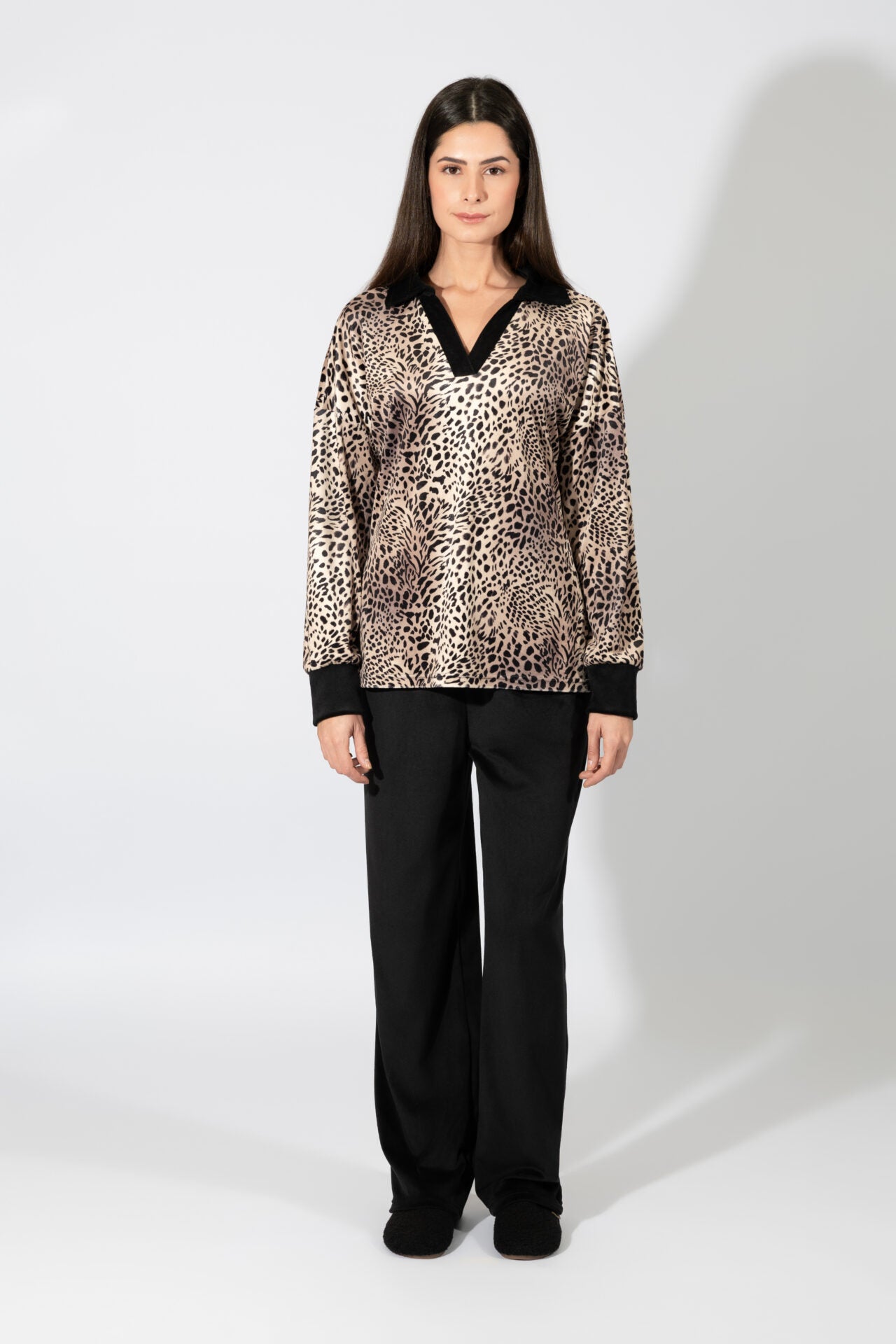 Harmony - Γυναικεία Φόρμα Soft Velour Leopard Με Γιακά
