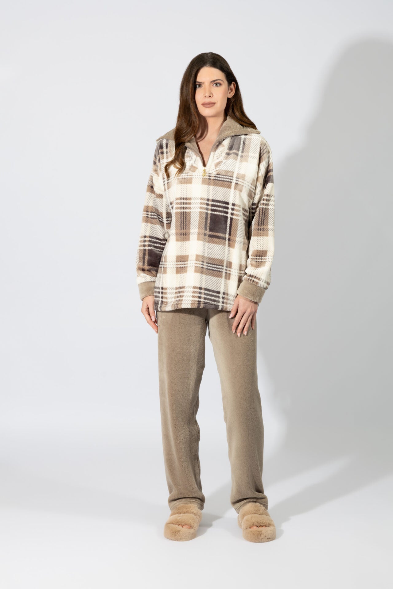 Harmony - Γυναικεία Πιτζάμα Fleece Καρώ Με Γιακά  Beige