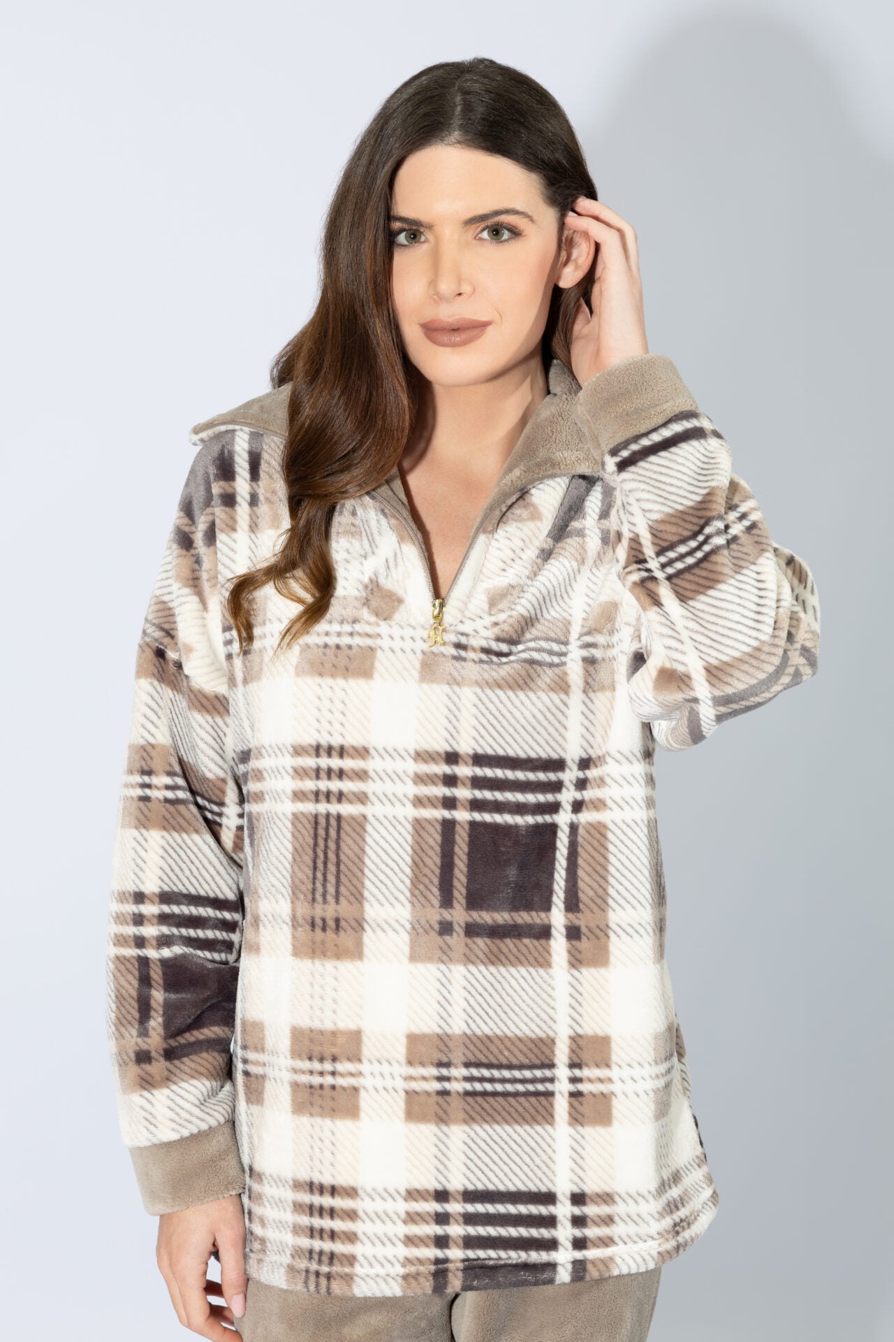 Harmony - Γυναικεία Πιτζάμα Fleece Καρώ Με Γιακά  Beige