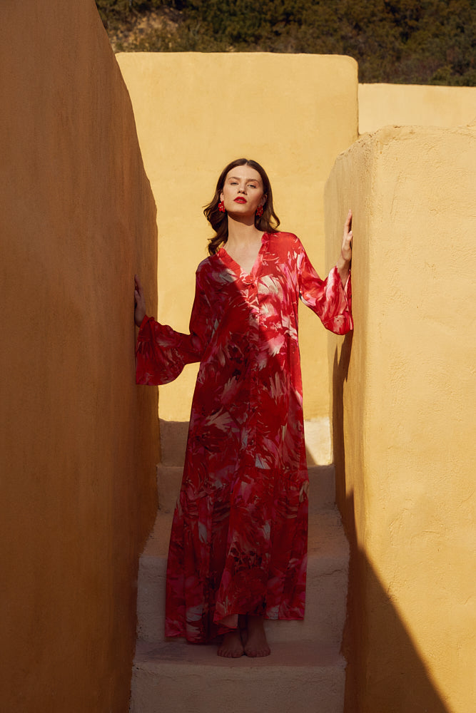 Harmony - Φόρεμα Εμπριμέ Red Peony Viscose Μακρύ Με Βολάν Και Κουμπιά