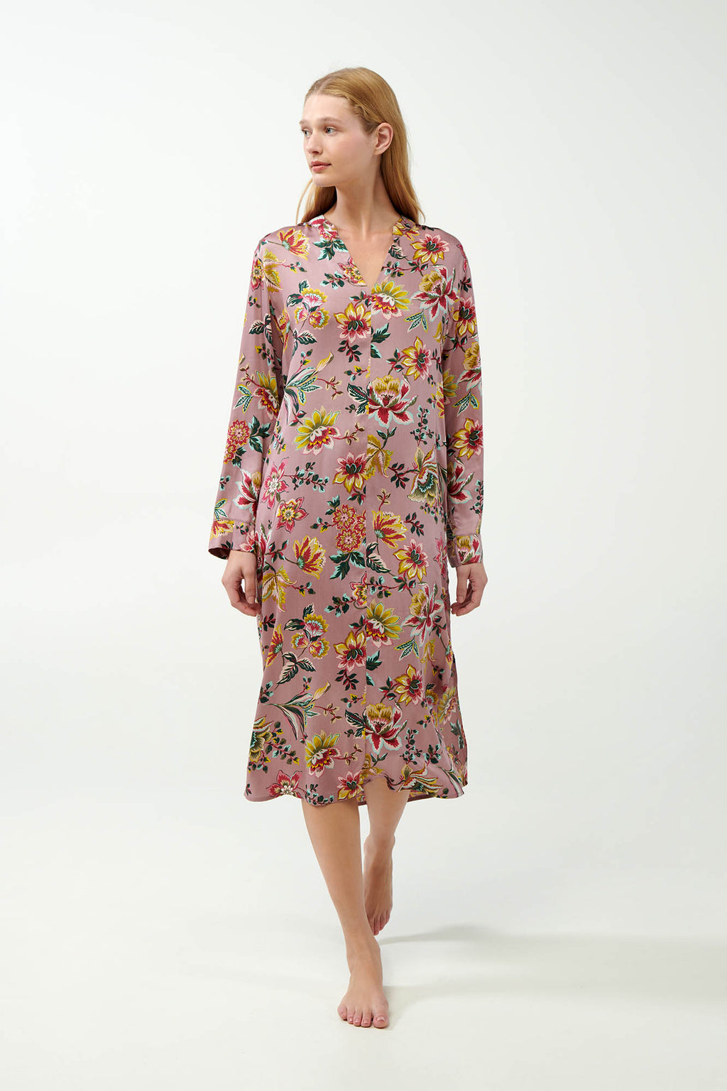 Vamp - Viscose Satin Κουμπωτό Φλοράλ Νυχτικό