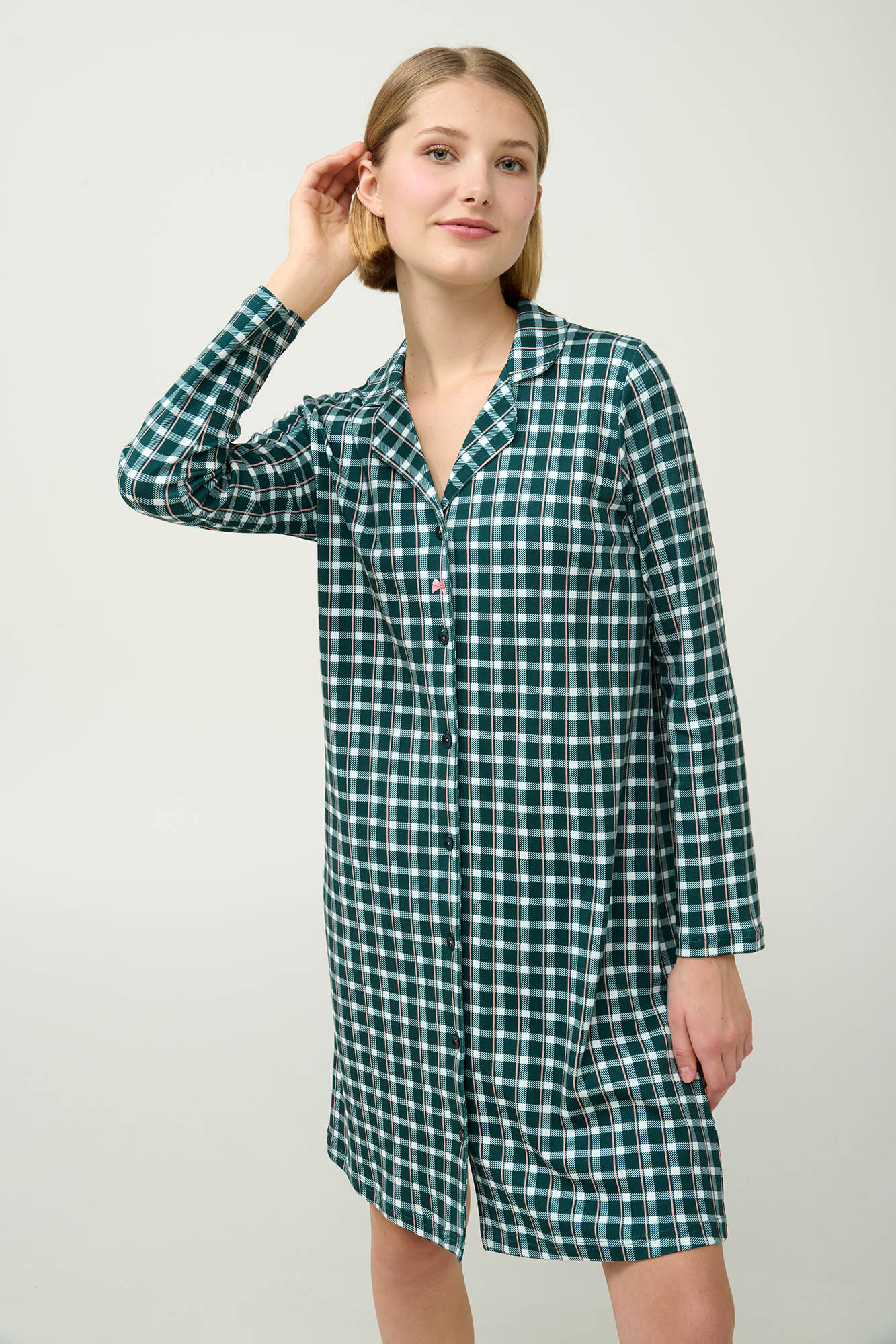 Vamp - Βαμβακερό Καρό Νυχτικό με Κουμπιά