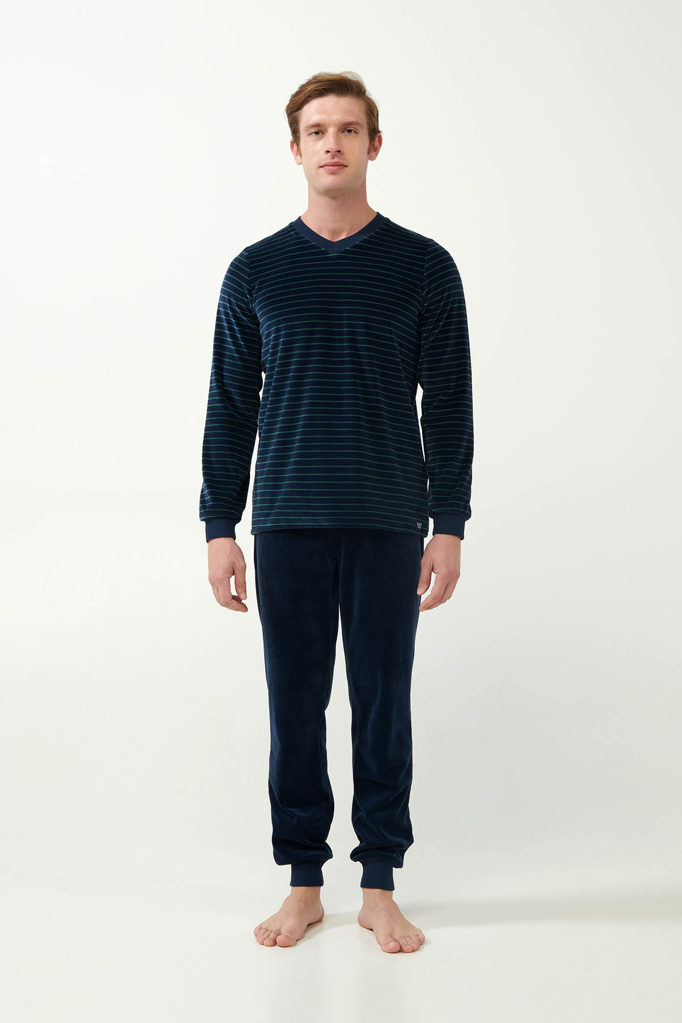 Vamp - Ριγέ Πυτζάμα Velvet με Μανσέτες