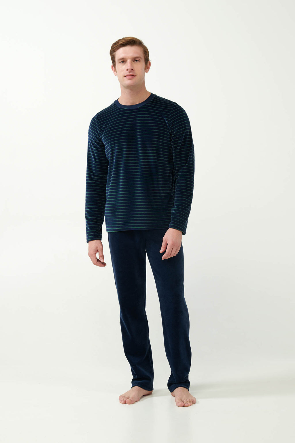 Vamp - Ριγέ Πυτζάμα Velvet με Στρογγυλή Λαιμόκοψη