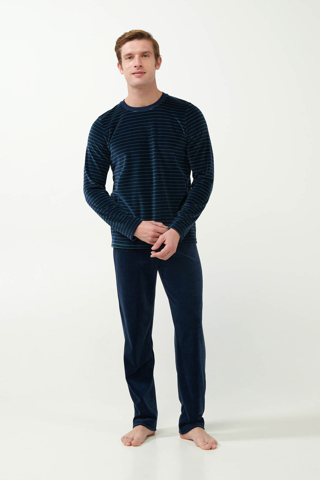 Vamp - Ριγέ Πυτζάμα Velvet με Στρογγυλή Λαιμόκοψη