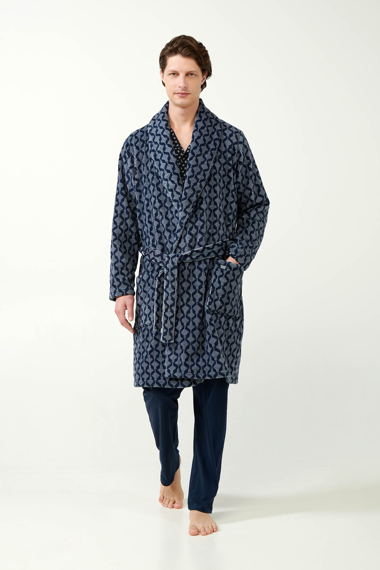 Vamp - Μακριά Σταυρωτή Fleece Ρόμπα με Γεωμετρικό Μοτίβο Ρόμβων