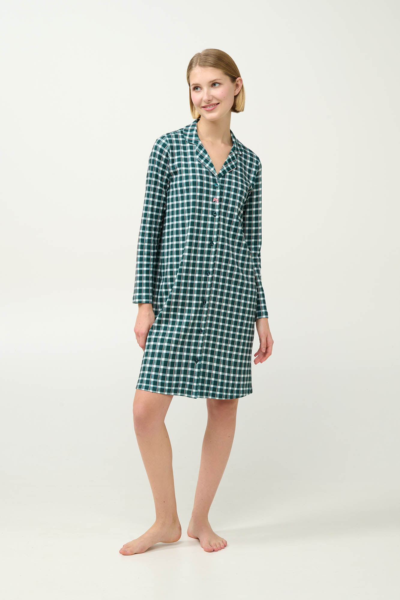 Vamp - Βαμβακερό Καρό Νυχτικό με Κουμπιά