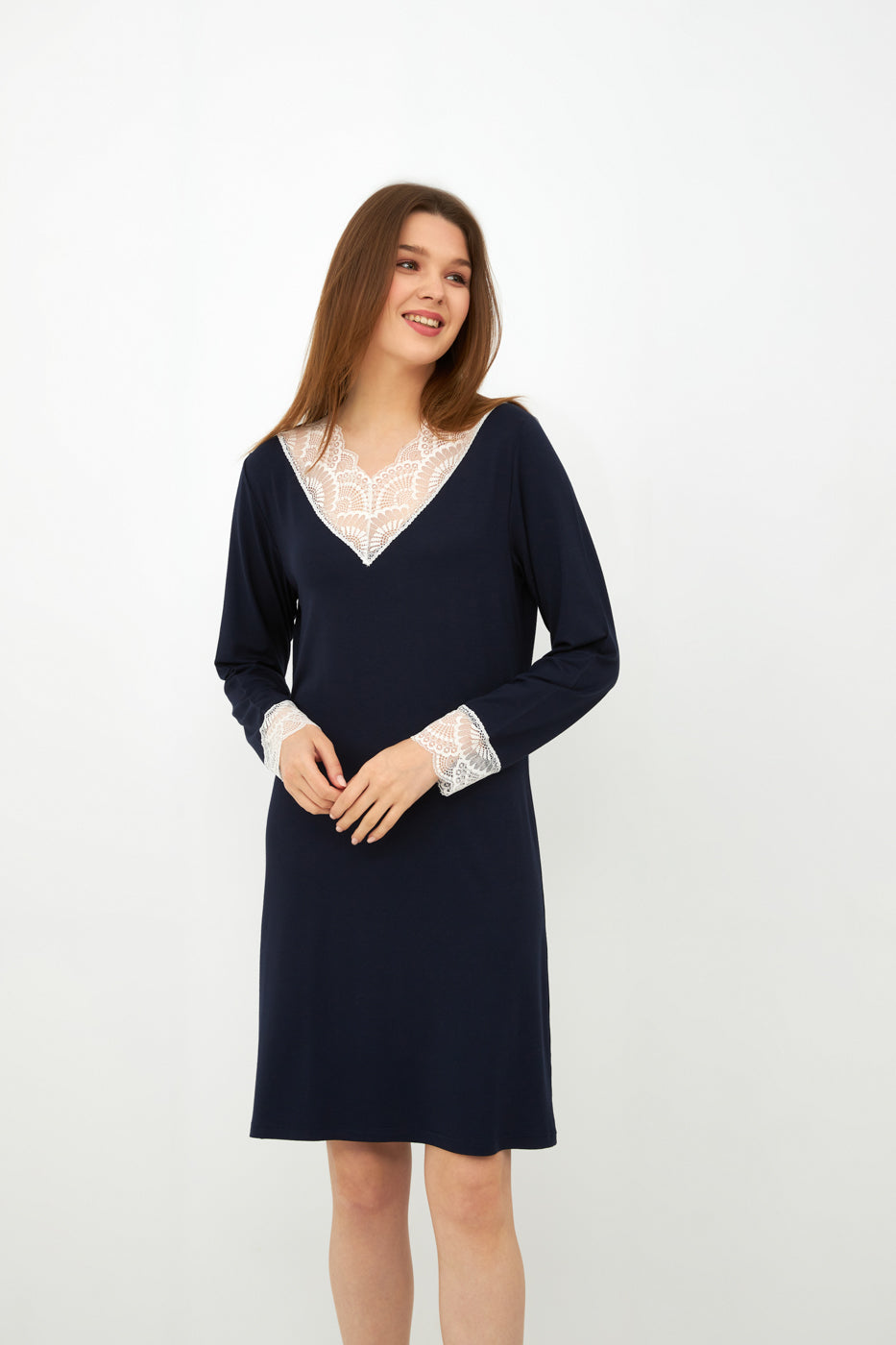 Harmony - Νυχτικό Μονόχρωμο Viscose/Elastan Με Βε Δαντέλα Blue