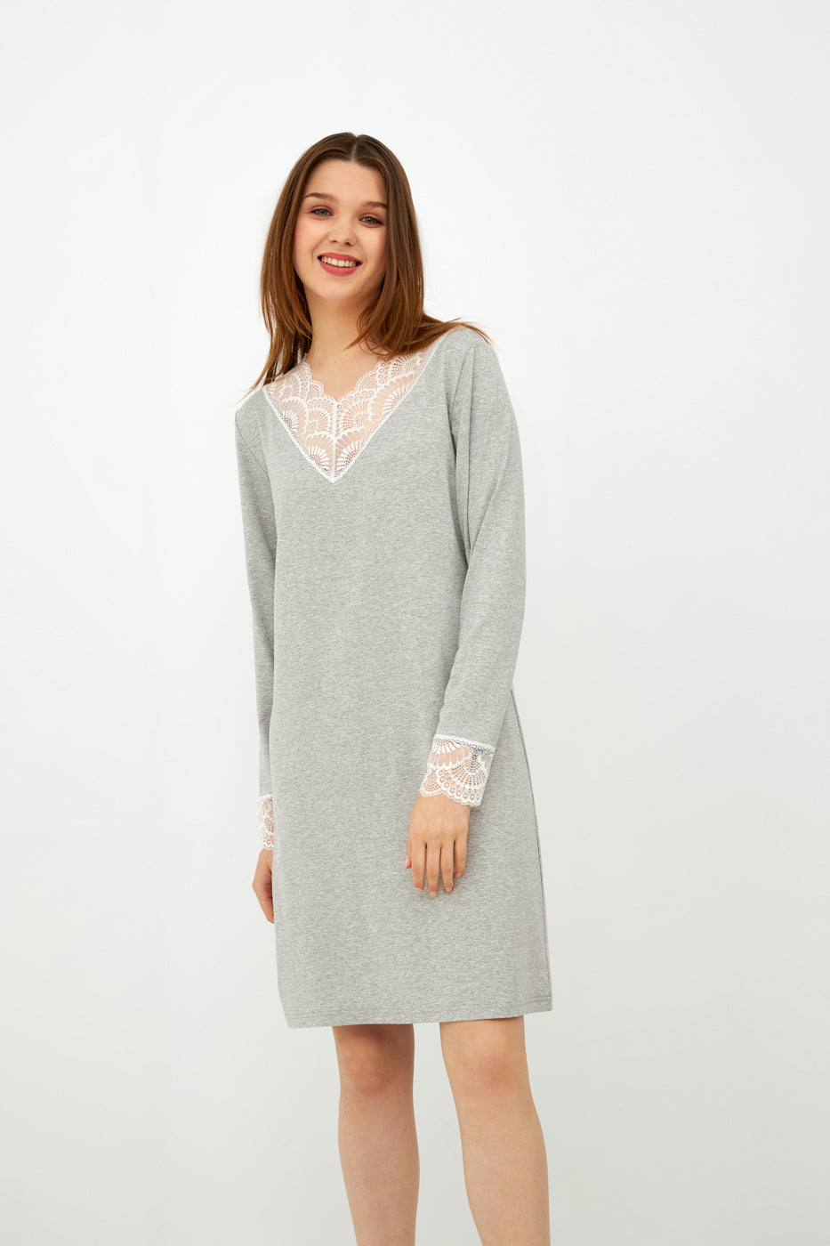 Harmony - Νυχτικό Μονόχρωμο Viscose/Elastan Με Βε Δαντέλα Grey Mel