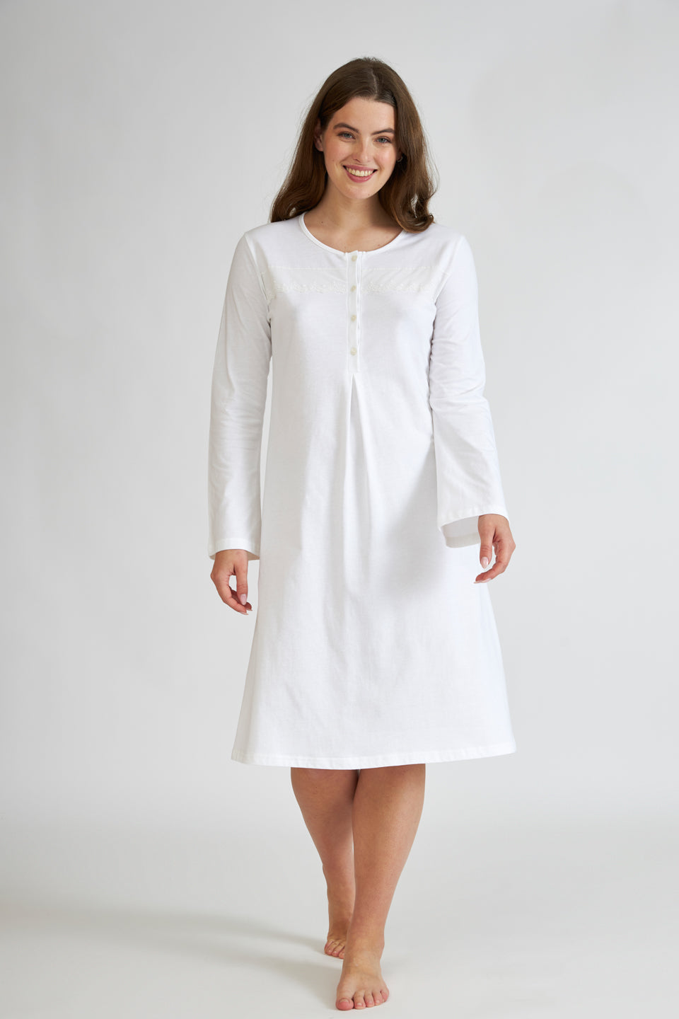 Harmony - Νυχτικό Μονόχρωμο Cotton Modal Με Κουμπιά Και Δαντέλα Off White