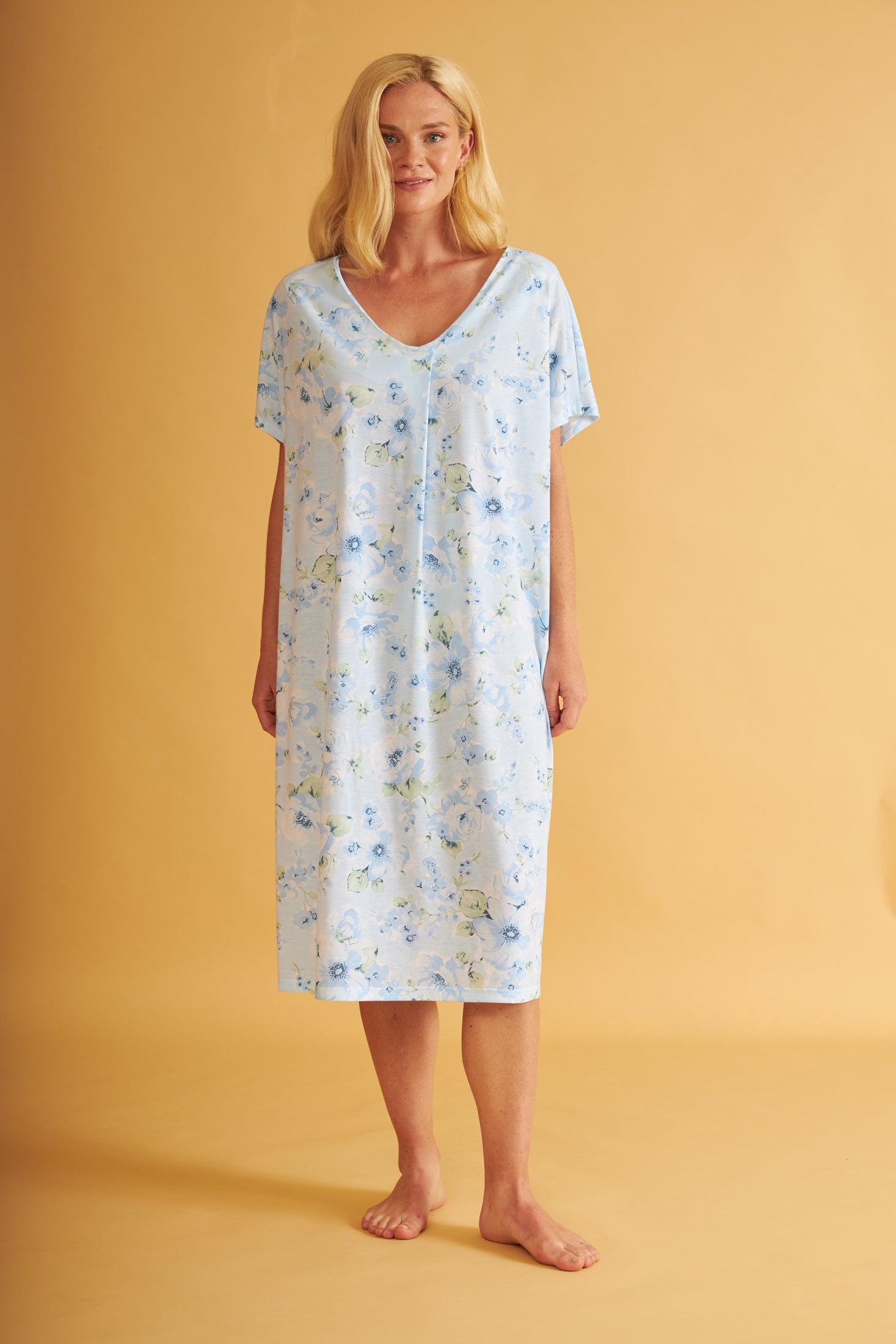 Harmony - Κλασσικό Νυχτικό Εμπριμέ Cotton/Modal Κοντομάνικο Light Blue