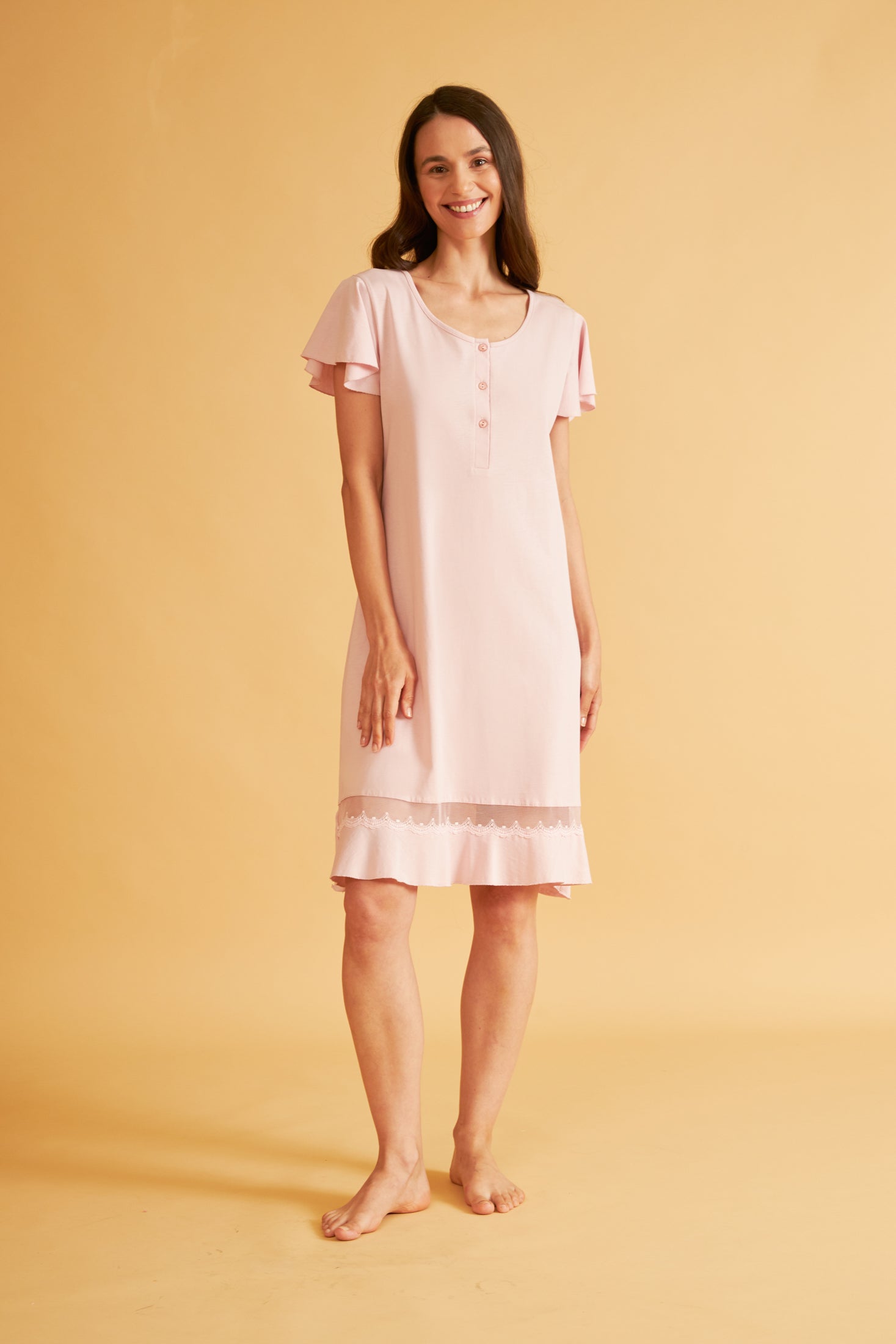 Harmony - Νυχτικό Μονόχρωμο Cotton/Modal Κοντομάνικο Με Κουμπιά Nude