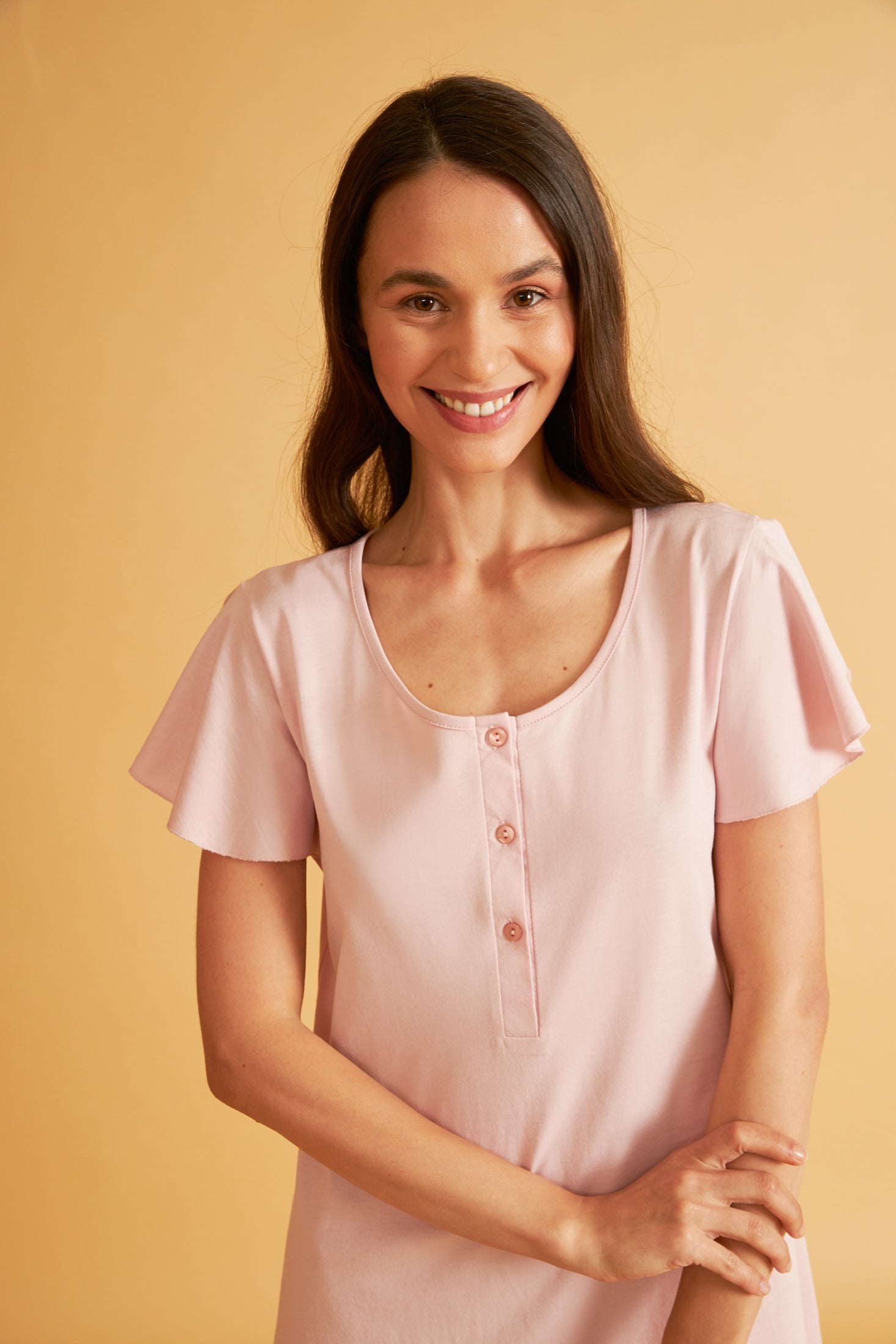 Harmony - Νυχτικό Μονόχρωμο Cotton/Modal Κοντομάνικο Με Κουμπιά Nude