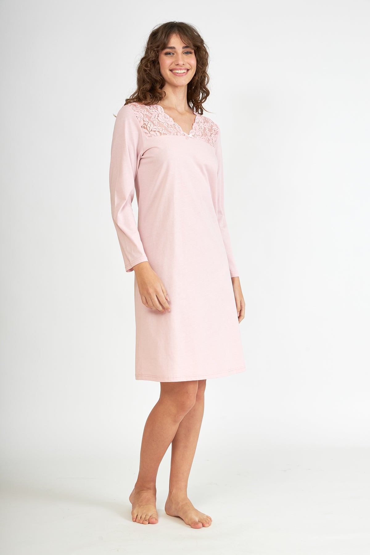Harmony - Νυχτικό Cotton Modal Μονόχρωμο Με Δαντέλα Dusty Pink