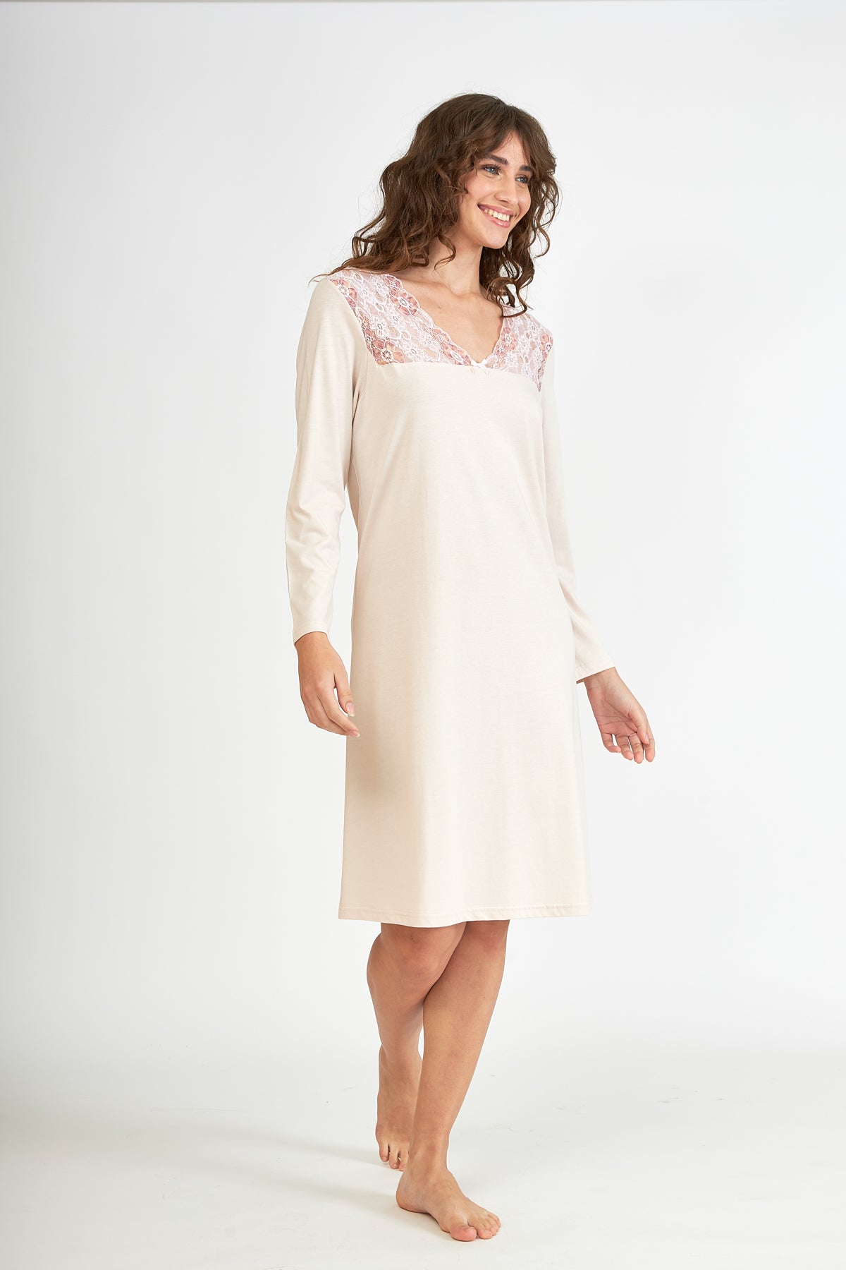 Harmony - Νυχτικό Cotton Modal Μονόχρωμο Με Δαντέλα Sand
