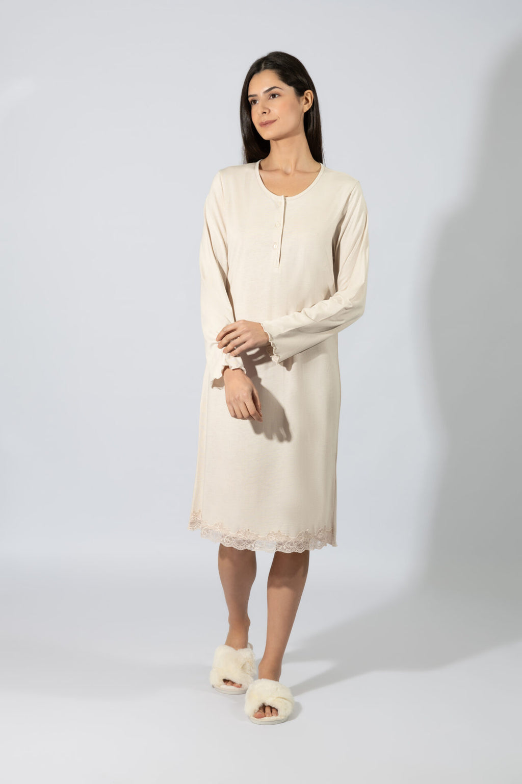 Harmony - Νυχτικό Μονόχρωμο Πατιλέτα Με Δαντέλα Cotton/Modal  Beige