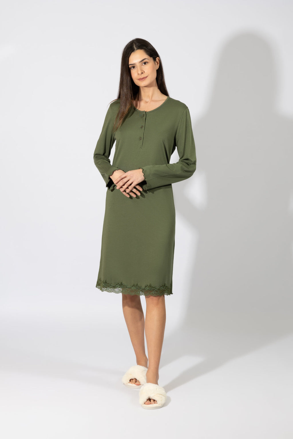 Harmony - Νυχτικό Μονόχρωμο Πατιλέτα Με Δαντέλα Cotton/Modal  Olive