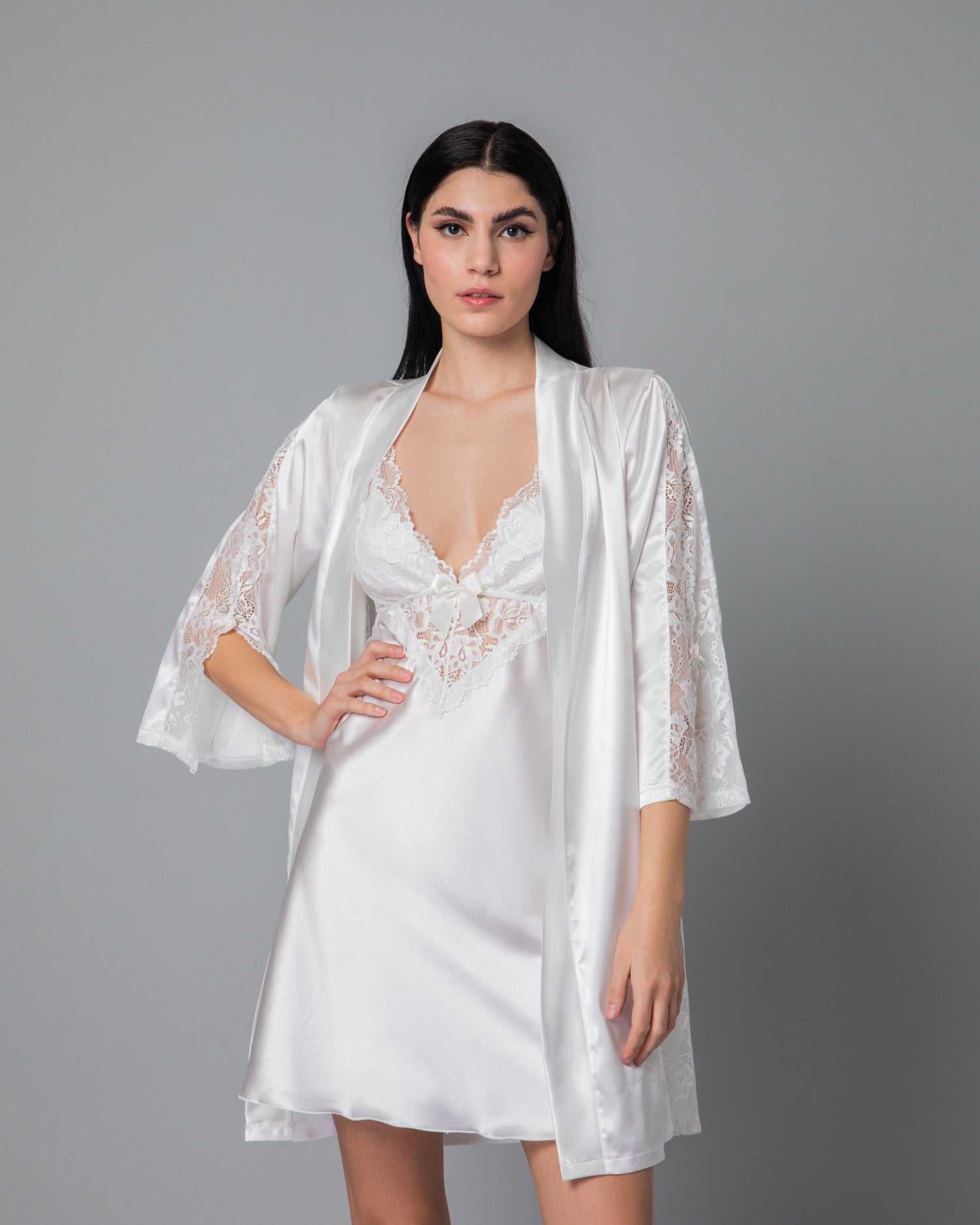 MilenaByParis - Νυφικό Σετ Σατέν Νυχτικό και Ρόμπα