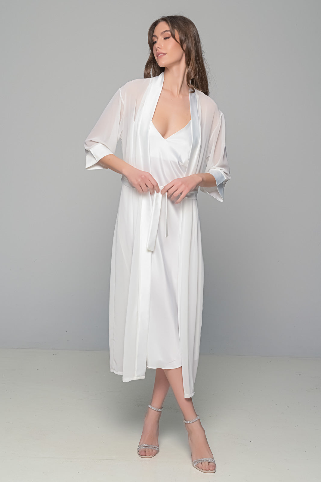 MilenaByParis - Νυφικό Σετ Μάξι Σατέν Φόρεμα και Διάφανο Κιμονό