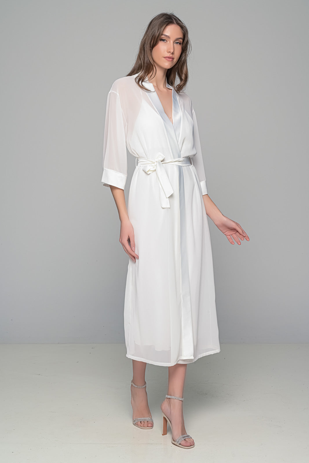 MilenaByParis - Νυφικό Σετ Μάξι Σατέν Φόρεμα και Διάφανο Κιμονό