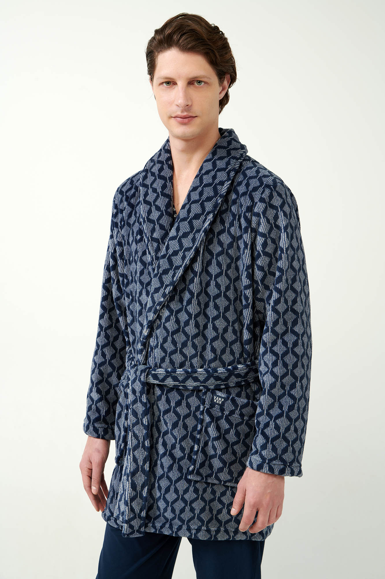 Vamp - Σταυρωτή Fleece Ρόμπα με Γεωμετρικό Μοτίβο Ρόμβων