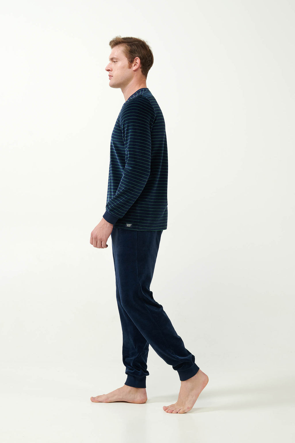 Vamp - Ριγέ Πυτζάμα Velvet με Στρογγυλή Λαιμόκοψη