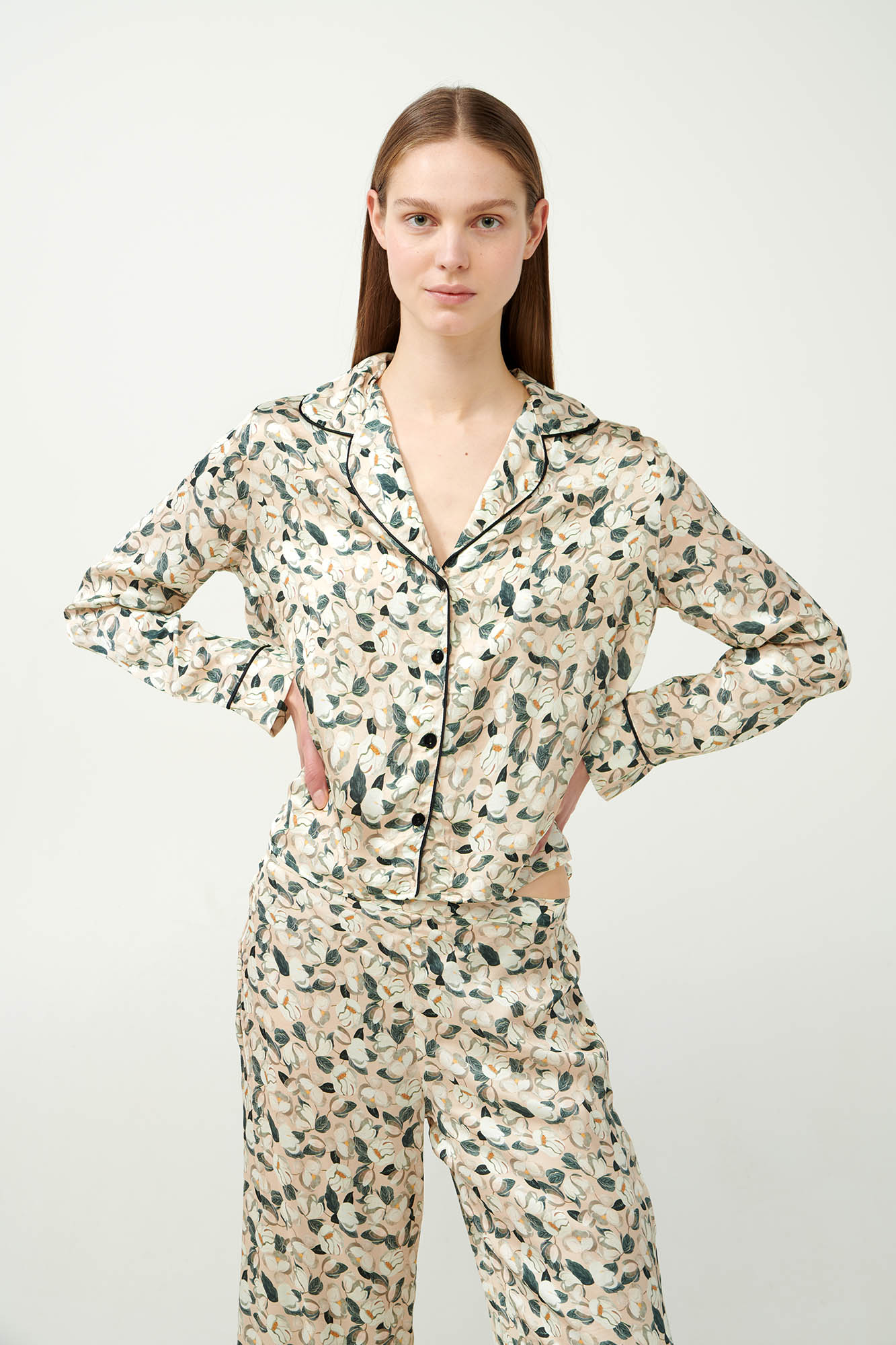 Vamp - Viscose Satin Κουμπωτή Πυτζάμα Φλοράλ