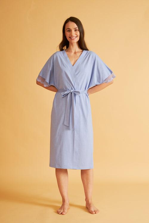 Harmony - Γυναικεία Ρόμπα Cotton/Modal Μονόχρωμη Με Δαντέλα Denim
