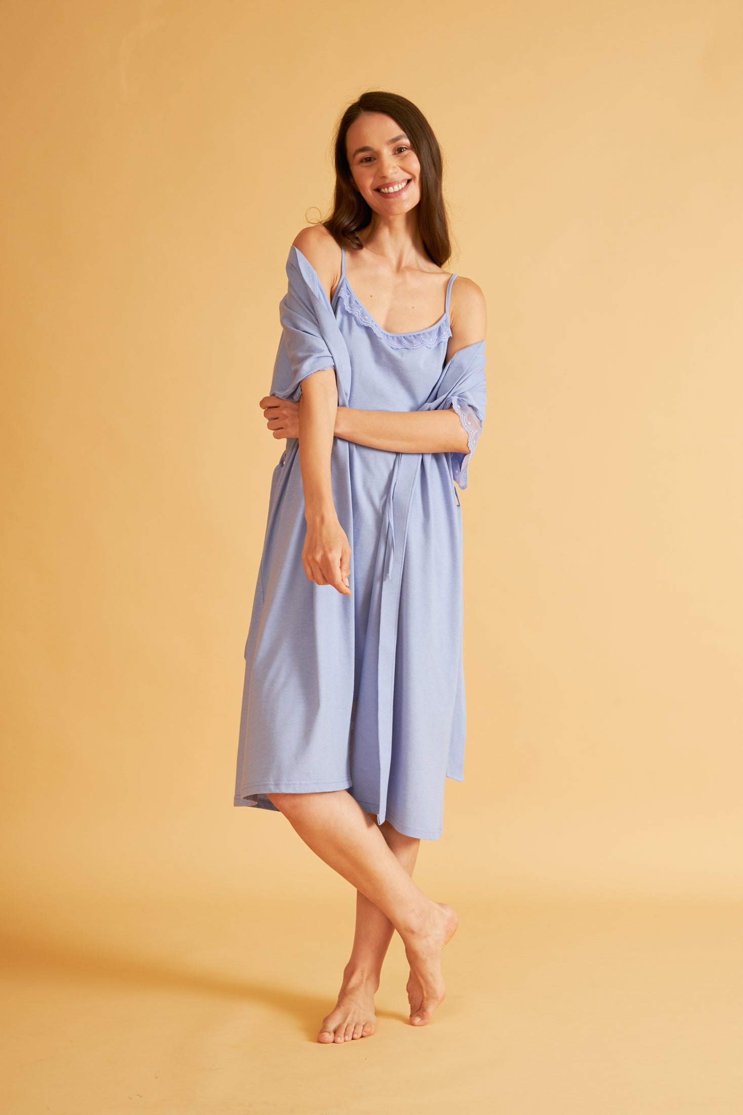 Harmony - Γυναικεία Ρόμπα Cotton/Modal Μονόχρωμη Με Δαντέλα Denim