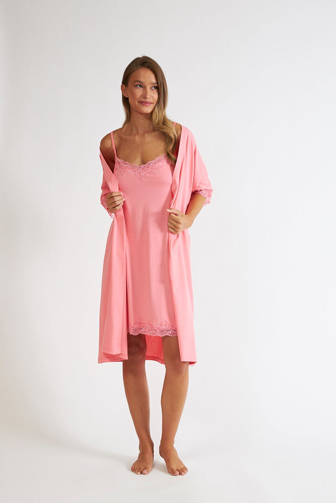 Harmony - Ρόμπα Μονόχρωμη Σταυρωτή Με Δαντέλα Cotton Modal  Peach