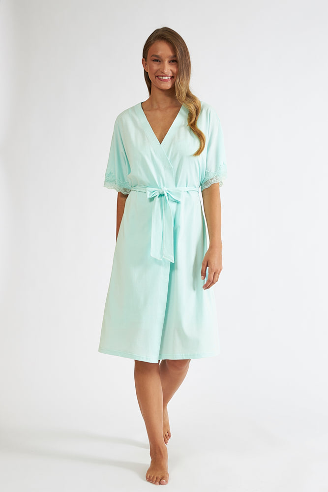 Harmony - Ρόμπα Μονόχρωμη Σταυρωτή Με Δαντέλα Cotton Modal  Mint