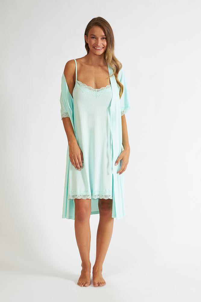 Harmony - Ρόμπα Μονόχρωμη Σταυρωτή Με Δαντέλα Cotton Modal  Mint