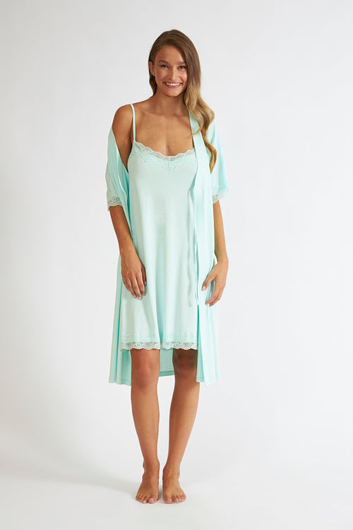 Harmony - Ρόμπα Μονόχρωμη Σταυρωτή Με Δαντέλα Cotton Modal  Mint