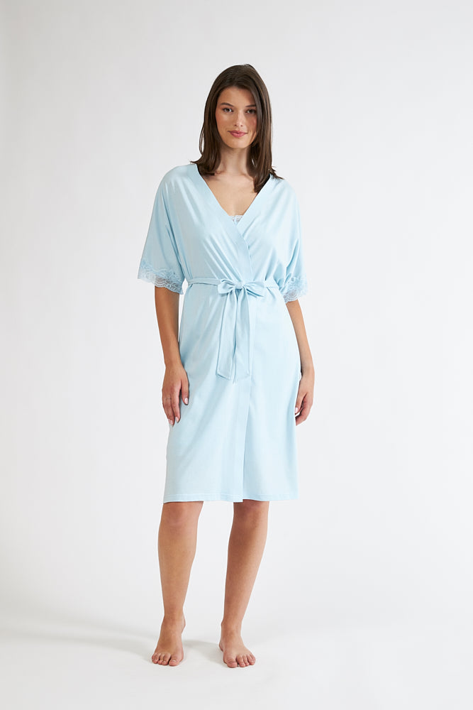 Harmony - Ρόμπα Μονόχρωμη Σταυρωτή Με Δαντέλα Cotton Modal  Ciel