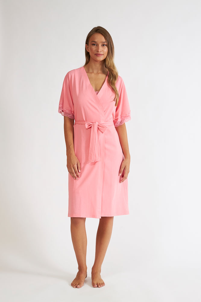Harmony - Ρόμπα Μονόχρωμη Σταυρωτή Με Δαντέλα Cotton Modal  Peach