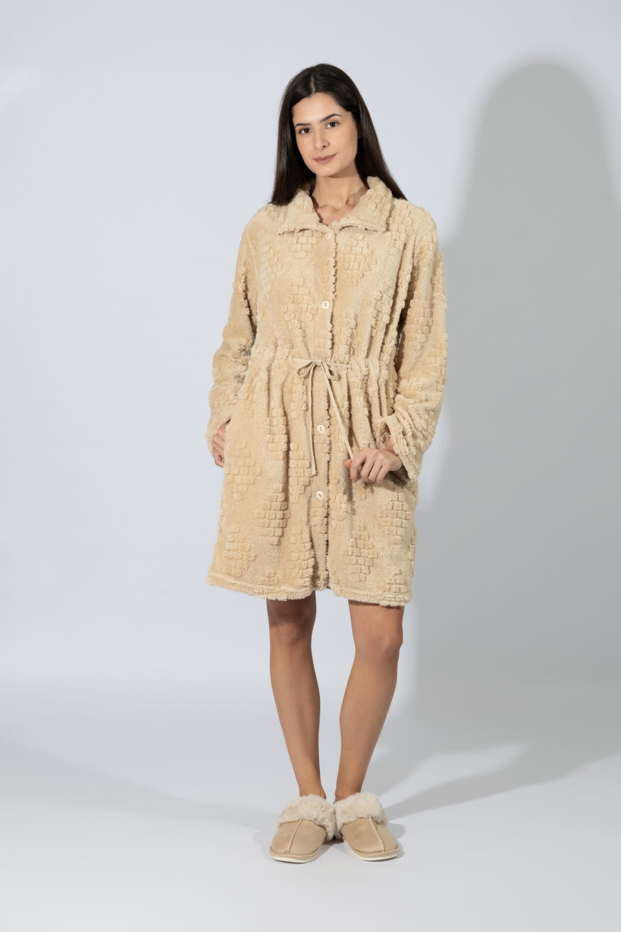 Harmony - Fleece Ζακάρ Ρόμπα Midi Με Κουμπιά Beige