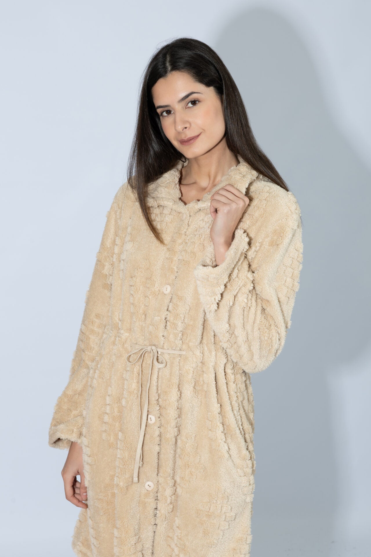 Harmony - Fleece Ζακάρ Ρόμπα Midi Με Κουμπιά Beige