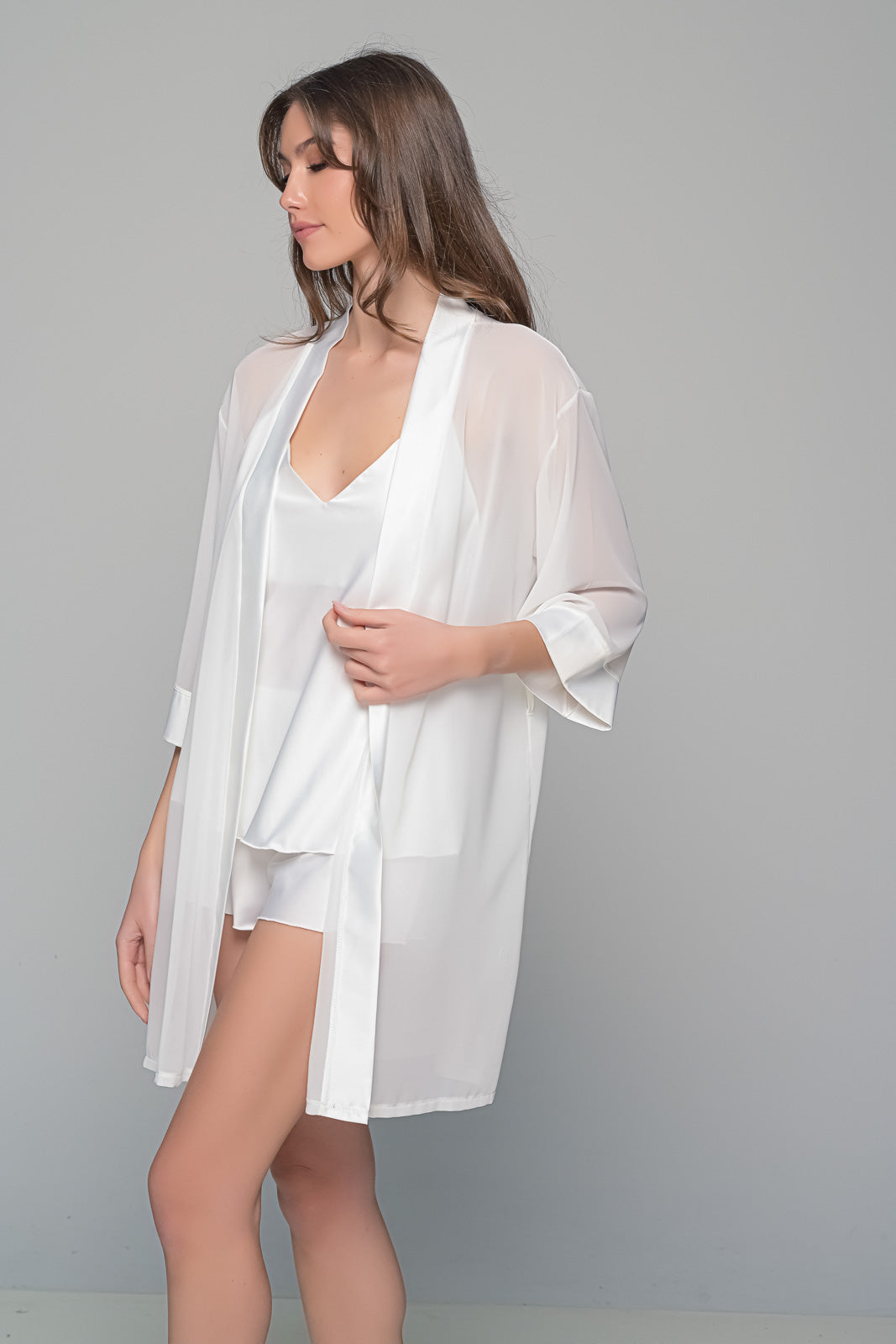 MilenaByParis - Νυφικό Σετ με Σατέν Babydoll και Ρόμπα Μουσελίνα