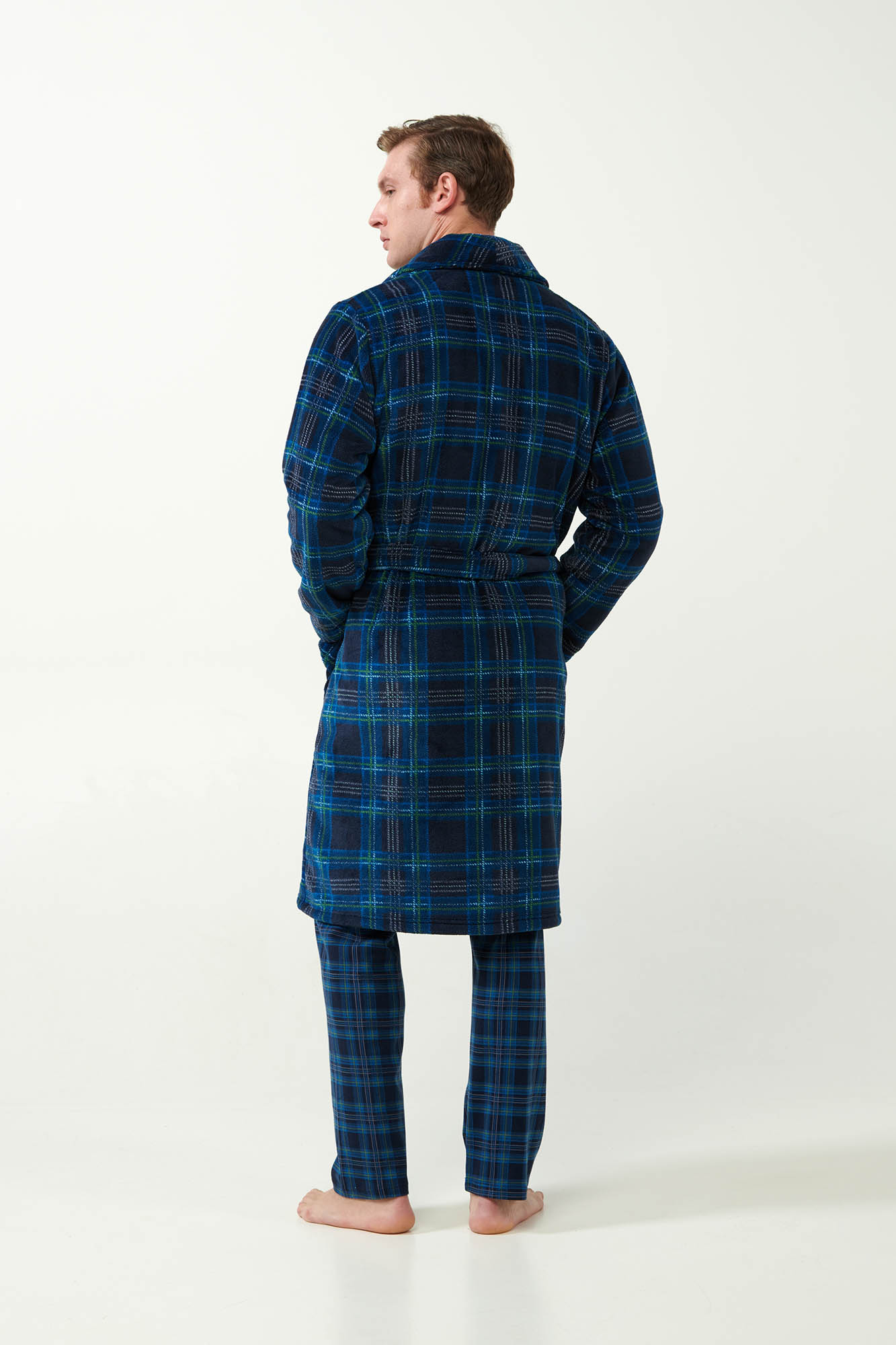 Vamp - Μακριά Σταυρωτή Fleece Ρόμπα με Ταρτάν Μοτίβο