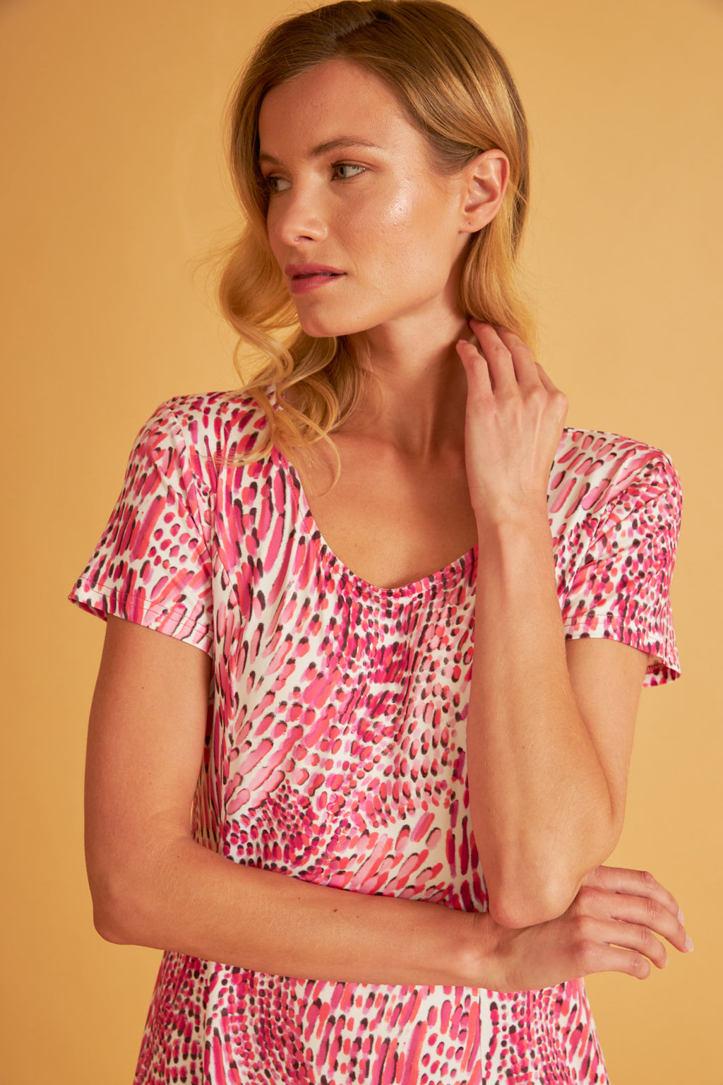 Harmony - Φόρεμα Εμπριμέ Polyester/Elastan Κοντομάνικο Fuchsia