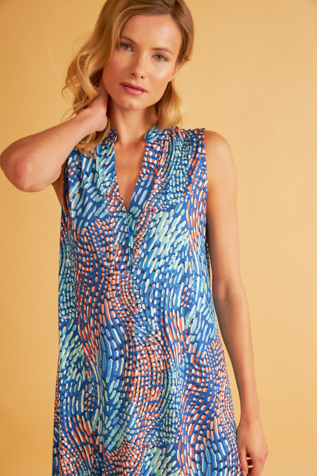 Harmony - Φόρεμα Εμπριμέ Polyester/Elastan Κοντό Αμάνικο Με Βολάν Blue