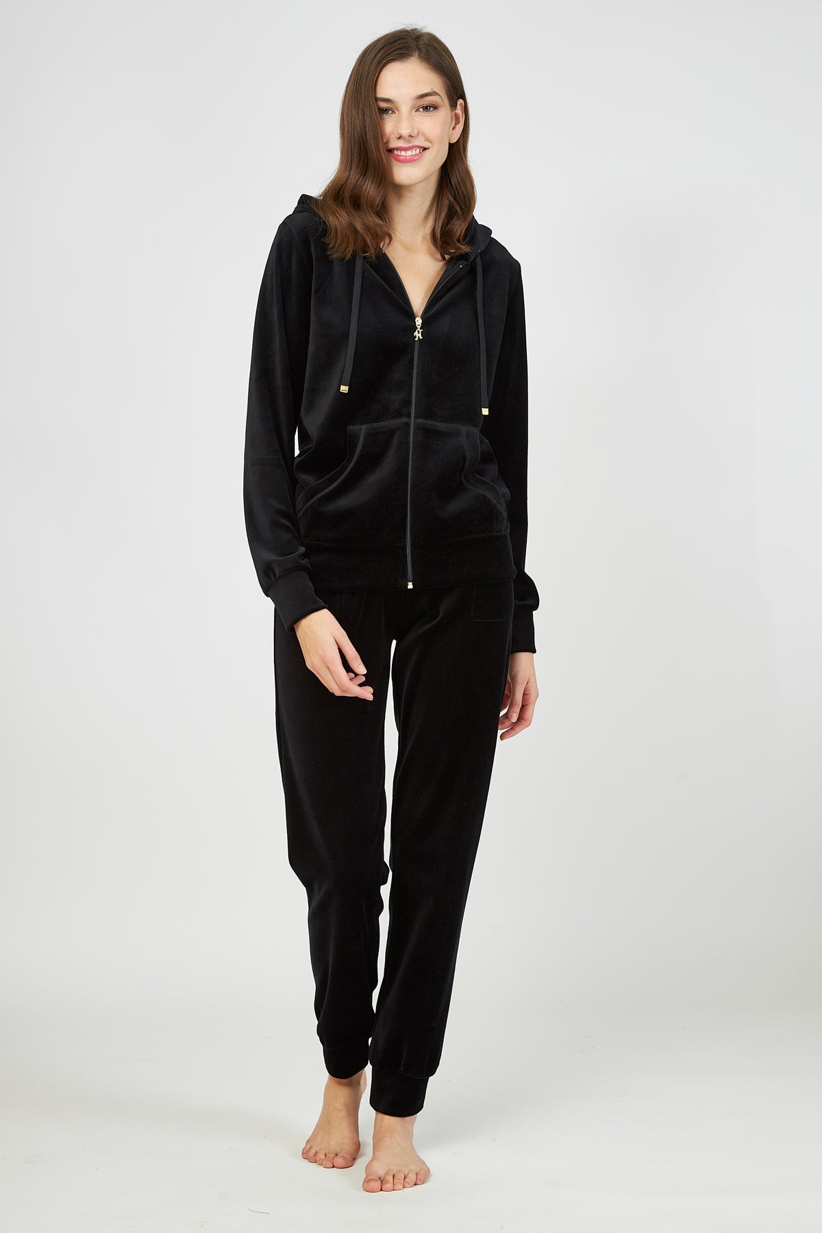 Harmony - Γυναικεία Βελουτέ Φόρμα Set Με Κουκούλα Και Λάστιχο Black