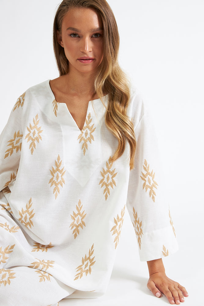 Harmony - Φόρεμα Εμπριμέ Linen Viscose Midi Με Βε Gold